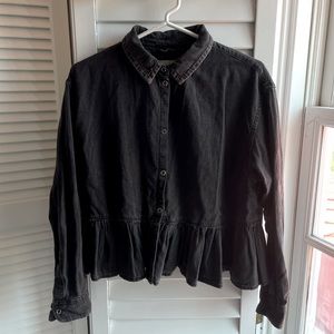 TOPSHOP crop denim shacket with ruffle detail